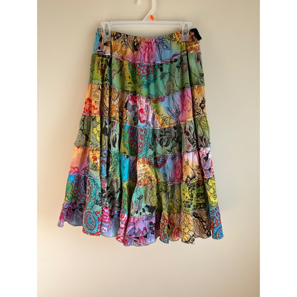 Boho Tiered Patchwork Cotton Midi Skirt Multi Color Floral Paisley M #0045